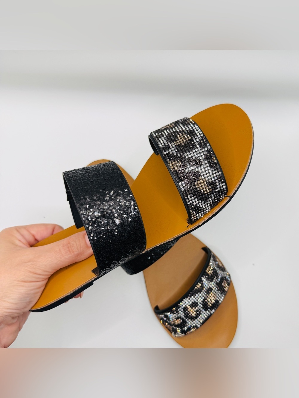 Women’s Black & Leopard Print Shimmer Double-Strap Slide Sandals - Size 11 - Picture 4 of 8
